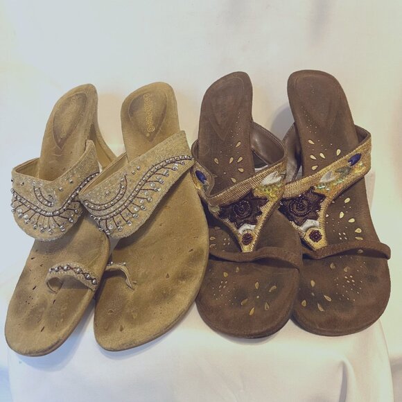 Dollhouse Shoes - Dollhouse-Women's 2 Pair Sz 9 Slip On heels-Sequins/Beads-Embroidered-Tan/Brown